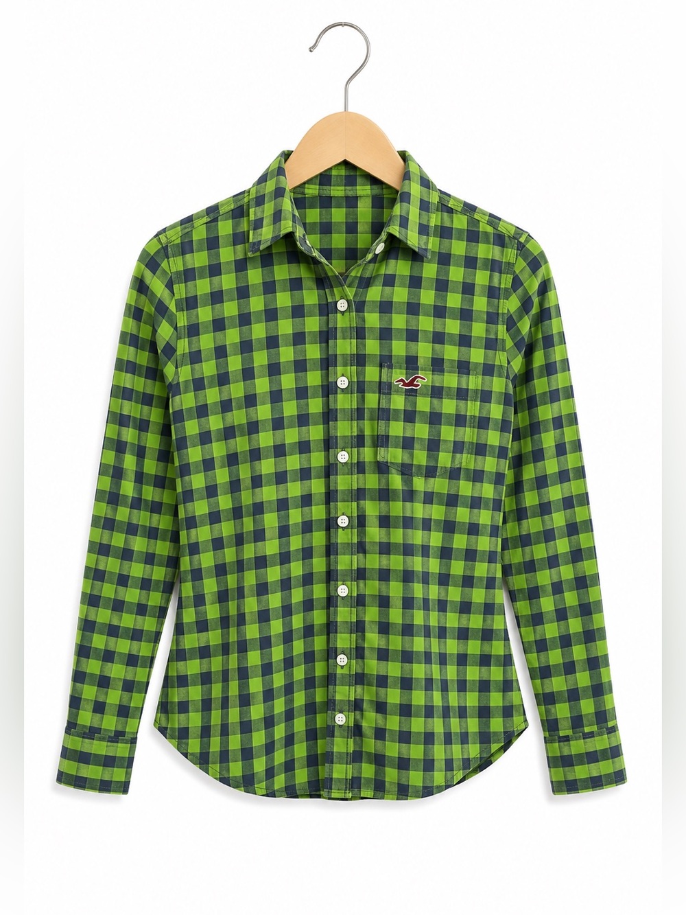 Hollister Women's Lime Green Navy Gingham Button Down Shirt Medium